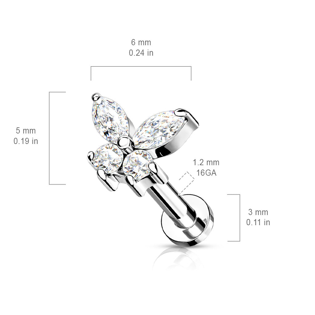 1pc CZ Gem Butterfly 16g Labret Internally Threaded Steel Tragus Helix