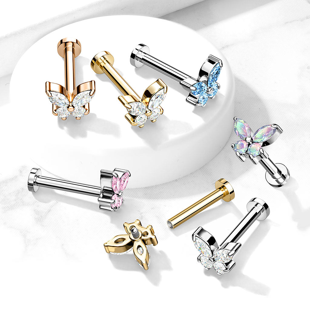 1pc CZ Gem Butterfly 16g Labret Internally Threaded Steel Tragus Helix