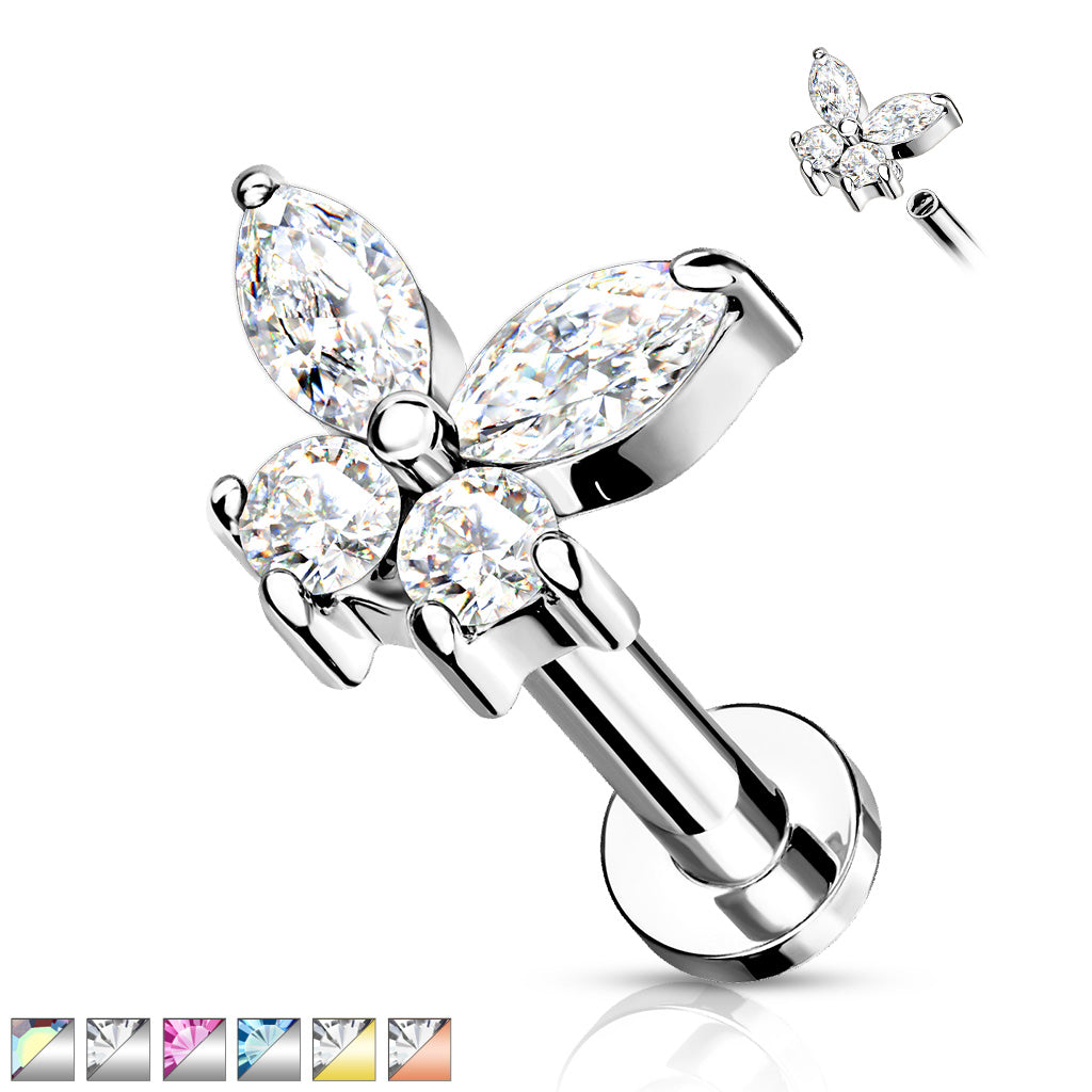 1pc CZ Gem Butterfly 16g Labret Internally Threaded Steel Tragus Helix