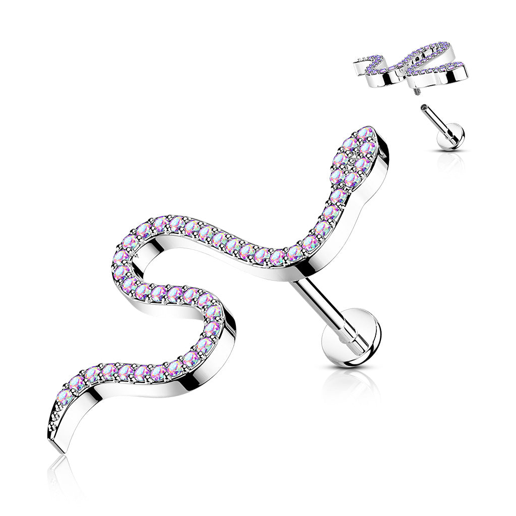 1pc CZ Paved Snake 16g Labret Internally Threaded Steel Monroe Tragus Helix