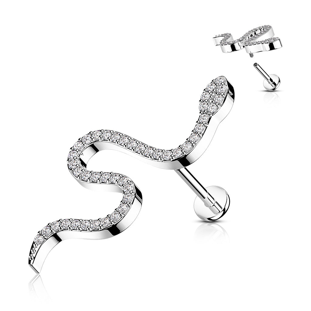 1pc CZ Paved Snake 16g Labret Internally Threaded Steel Monroe Tragus Helix