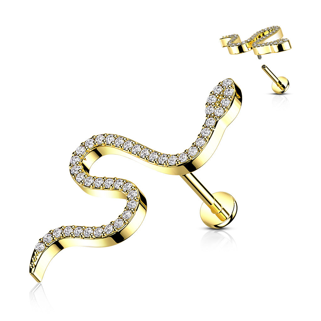 1pc CZ Paved Snake 16g Labret Internally Threaded Steel Monroe Tragus Helix