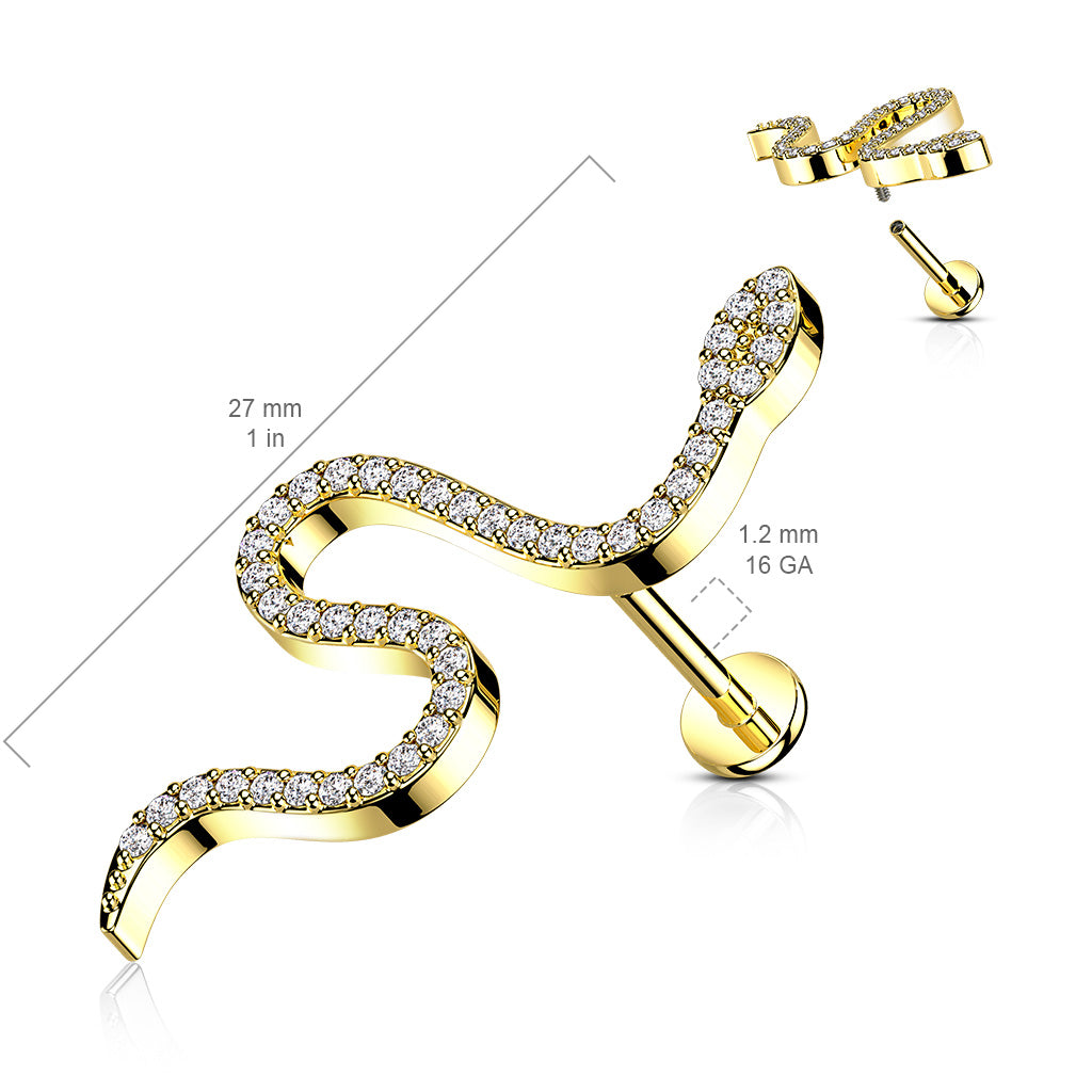 1pc CZ Paved Snake 16g Labret Internally Threaded Steel Monroe Tragus Helix