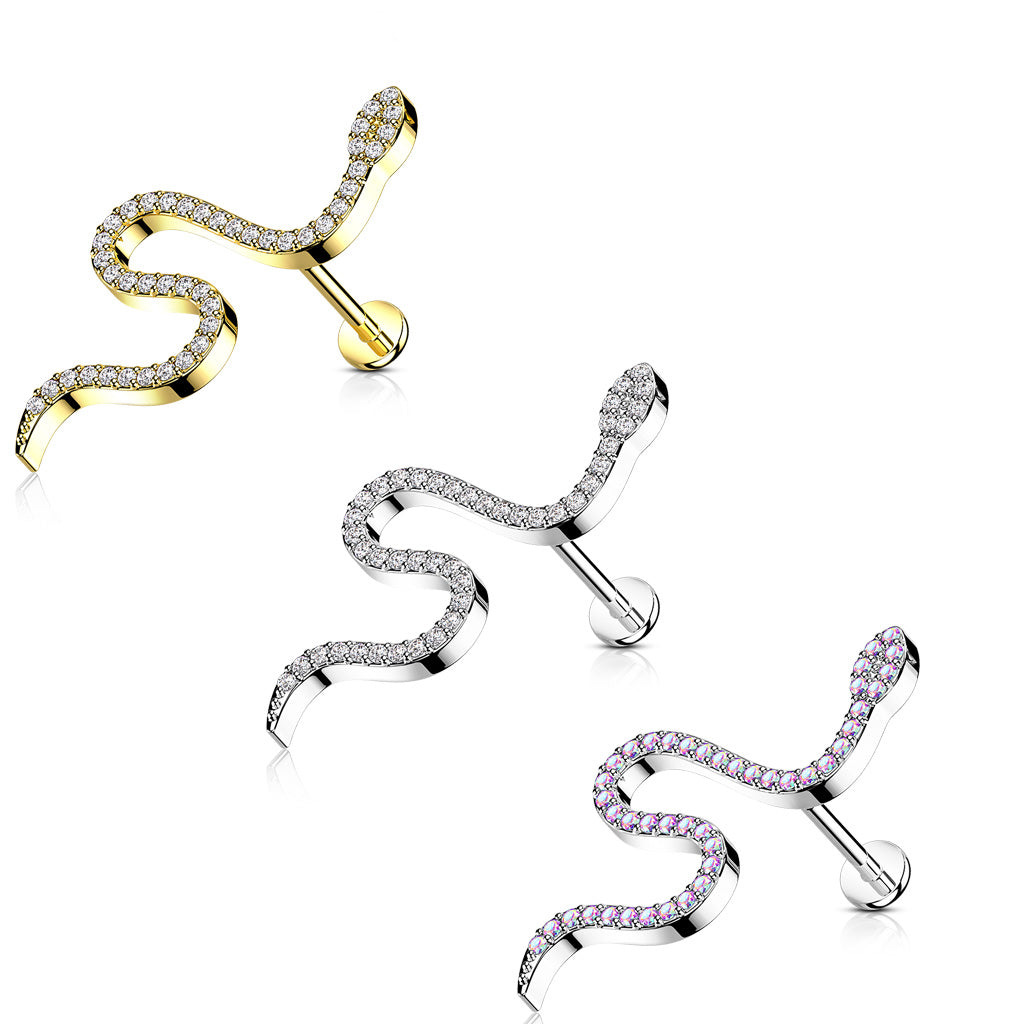 1pc CZ Paved Snake 16g Labret Internally Threaded Steel Monroe Tragus Helix