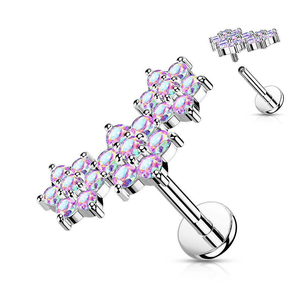 1pc Triple Gem Flowers 16g Labret Internally Threaded Steel Monroe Tragus Helix