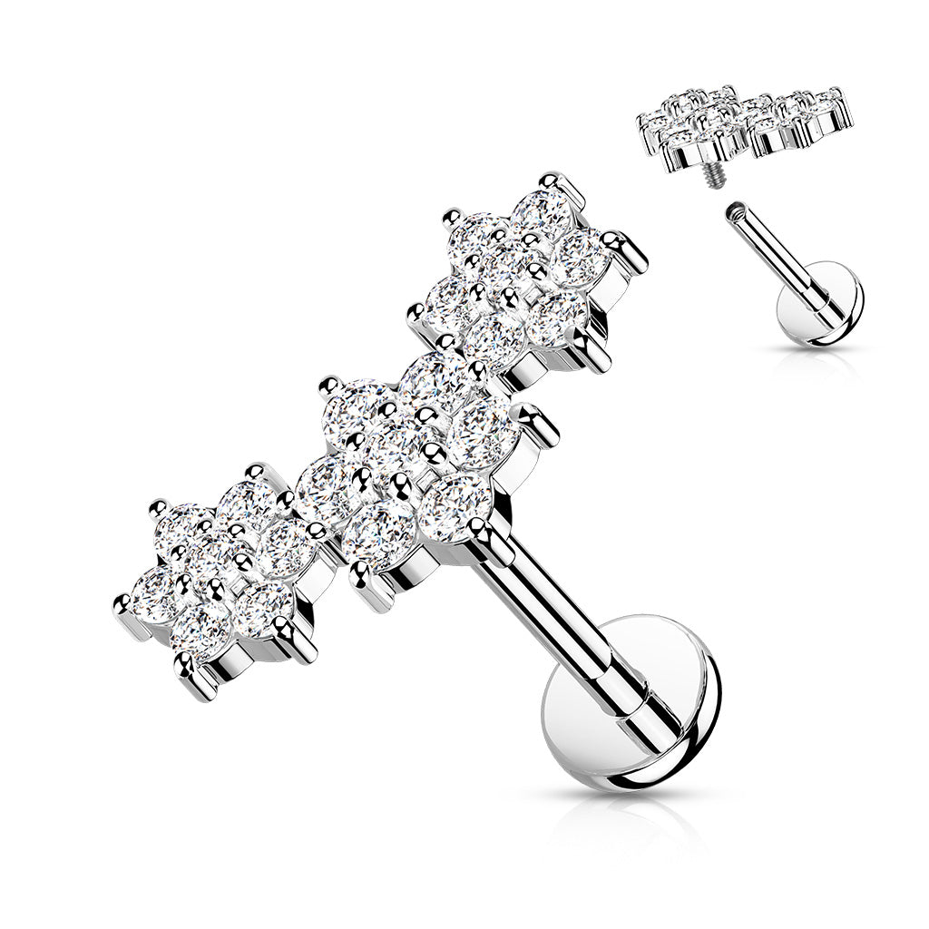 1pc Triple Gem Flowers 16g Labret Internally Threaded Steel Monroe Tragus Helix