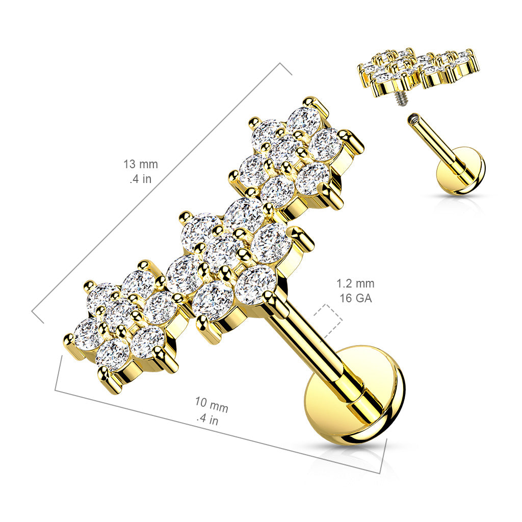 1pc Triple Gem Flowers 16g Labret Internally Threaded Steel Monroe Tragus Helix