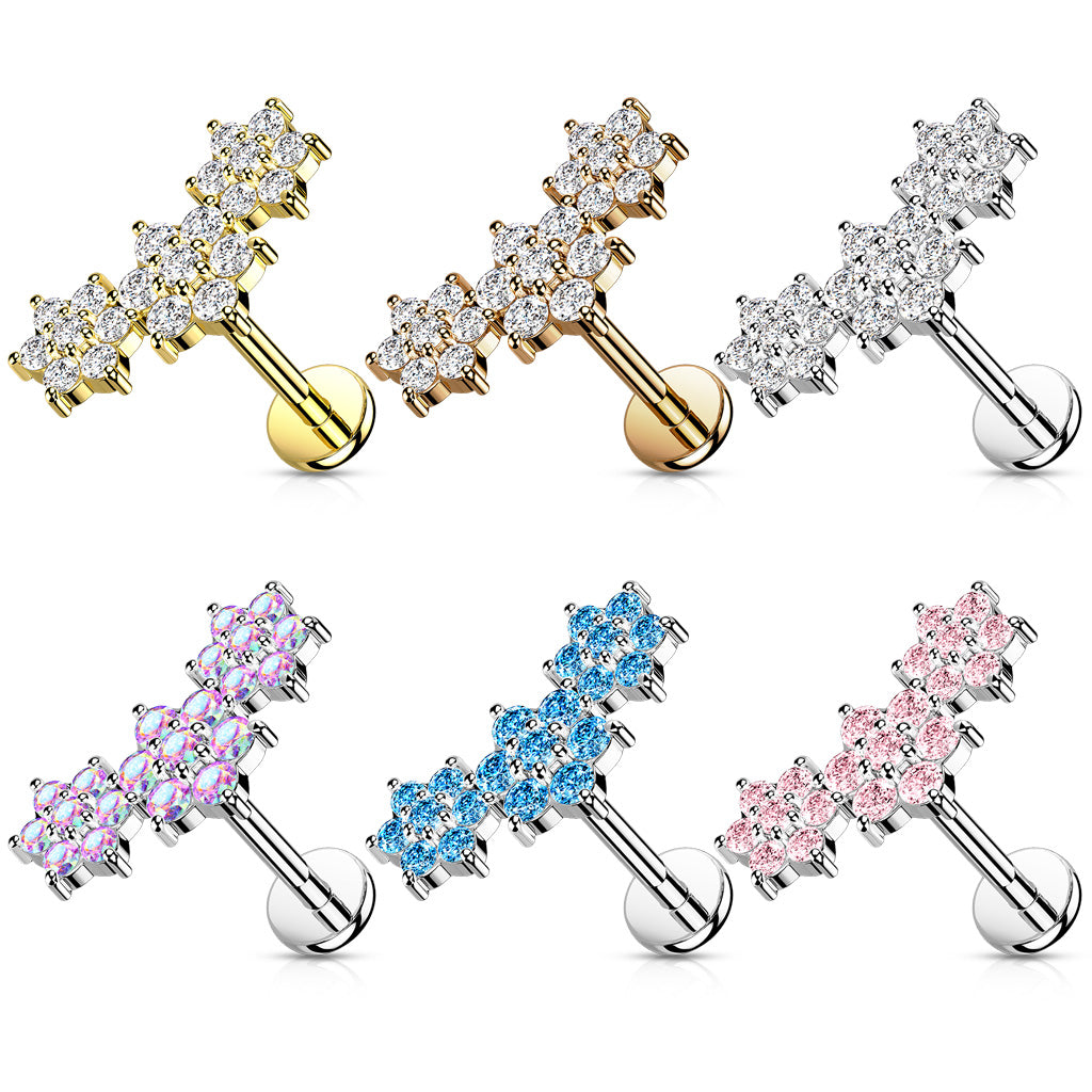 1pc Triple Gem Flowers 16g Labret Internally Threaded Steel Monroe Tragus Helix