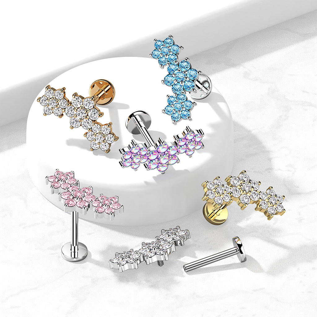 1pc Triple Gem Flowers 16g Labret Internally Threaded Steel Monroe Tragus Helix