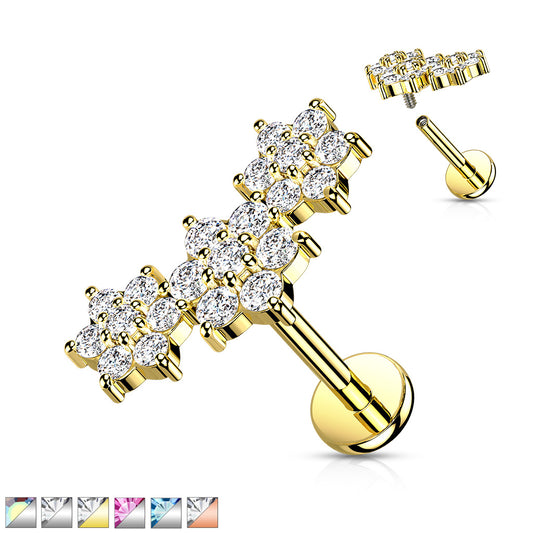 1pc Triple Gem Flowers 16g Labret Internally Threaded Steel Monroe Tragus Helix