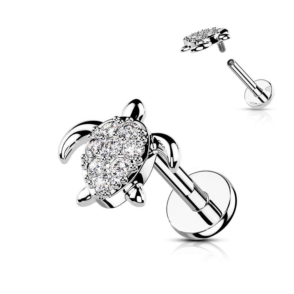 1pc CZ Paved Turtle 16g Labret Internally Threaded Steel Monroe Tragus Helix