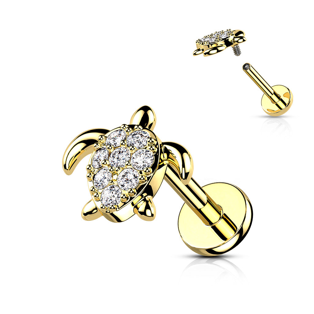1pc CZ Paved Turtle 16g Labret Internally Threaded Steel Monroe Tragus Helix