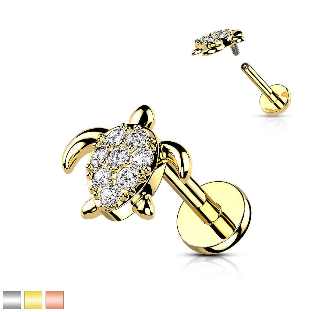 1pc CZ Paved Turtle 16g Labret Internally Threaded Steel Monroe Tragus Helix