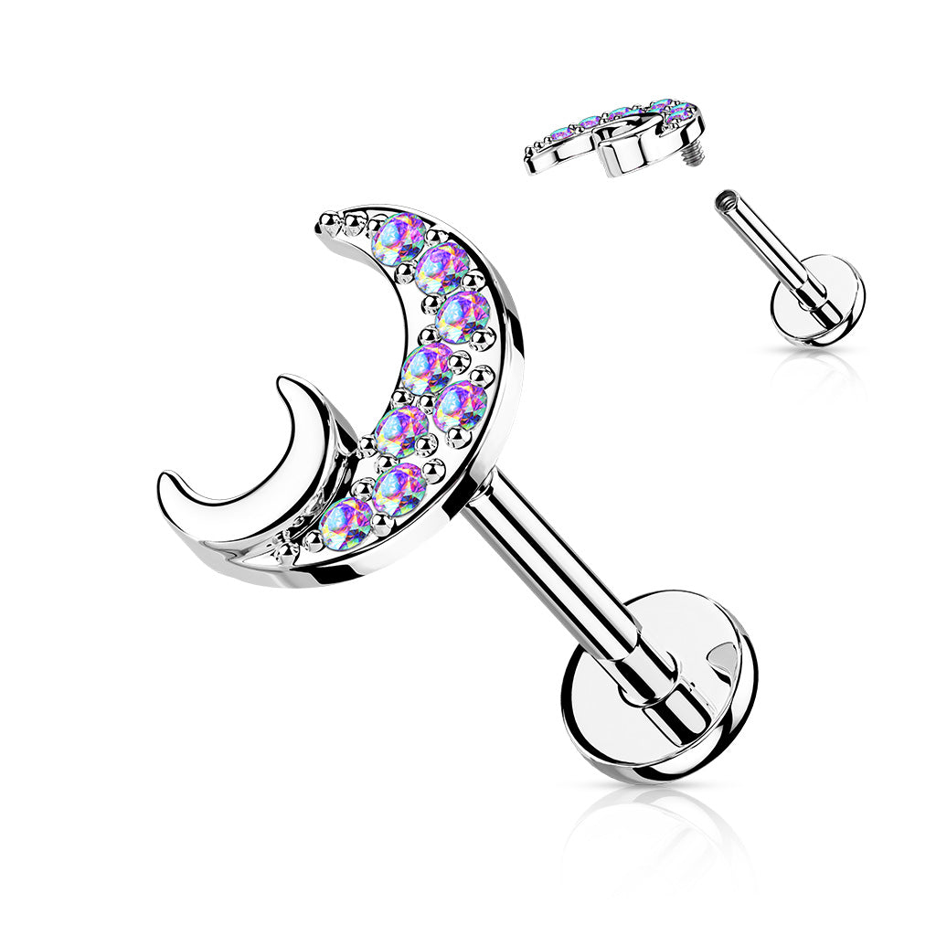 1pc CZ Crescent Moon 16g Labret Internally Threaded Steel Monroe Tragus Helix