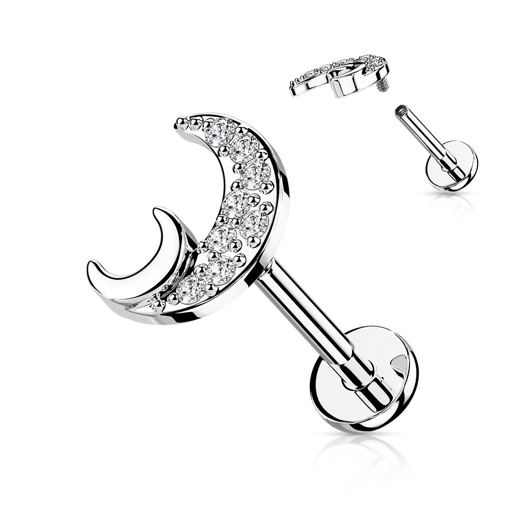 1pc CZ Crescent Moon 16g Labret Internally Threaded Steel Monroe Tragus Helix