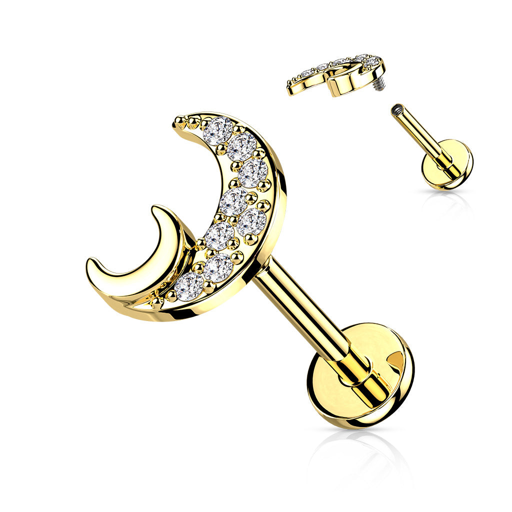 1pc CZ Crescent Moon 16g Labret Internally Threaded Steel Monroe Tragus Helix