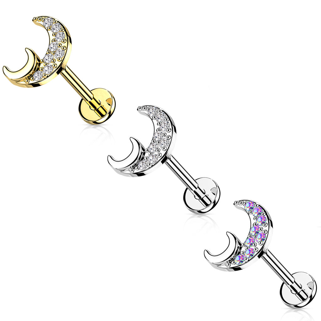 1pc CZ Crescent Moon 16g Labret Internally Threaded Steel Monroe Tragus Helix