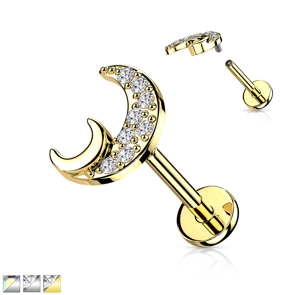 1pc CZ Crescent Moon 16g Labret Internally Threaded Steel Monroe Tragus Helix
