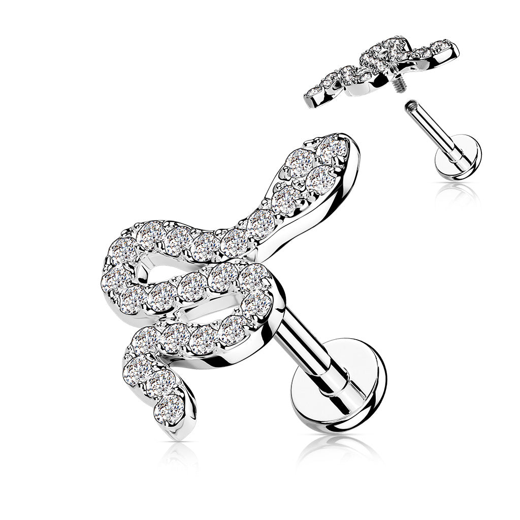1pc CZ Paved Snake 16g Labret Internally Threaded Steel Monroe Tragus Helix
