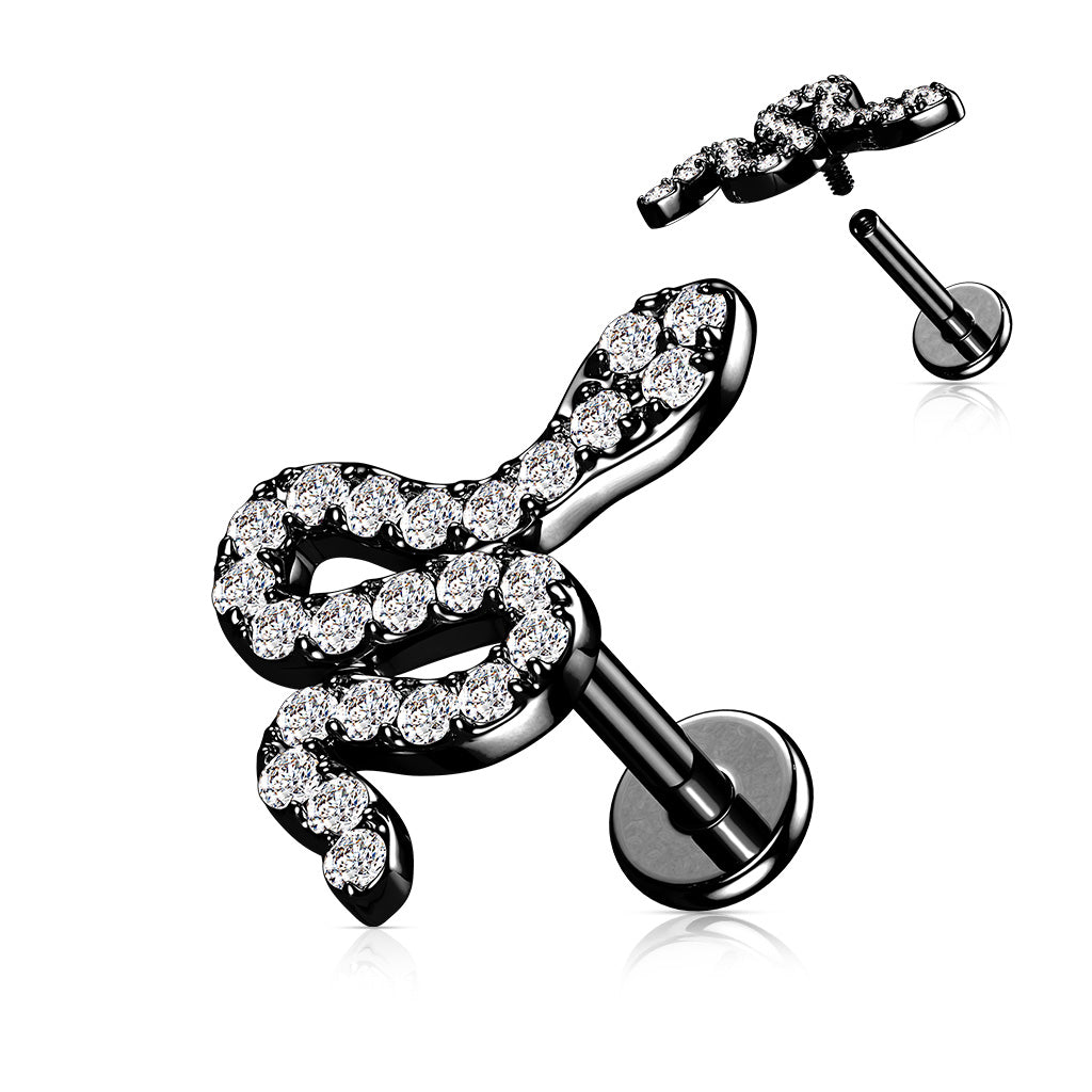 1pc CZ Paved Snake 16g Labret Internally Threaded Steel Monroe Tragus Helix