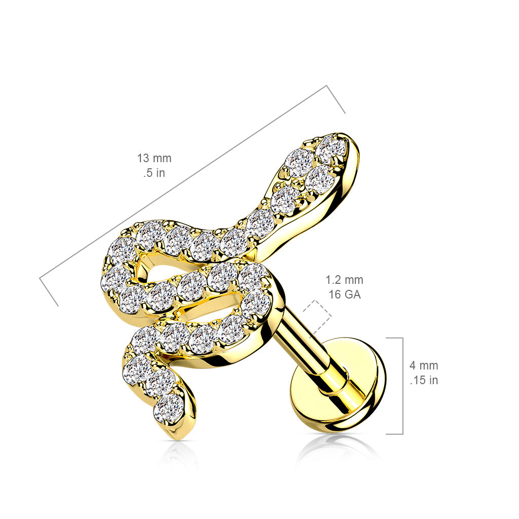 1pc CZ Paved Snake 16g Labret Internally Threaded Steel Monroe Tragus Helix