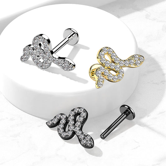 1pc CZ Paved Snake 16g Labret Internally Threaded Steel Monroe Tragus Helix