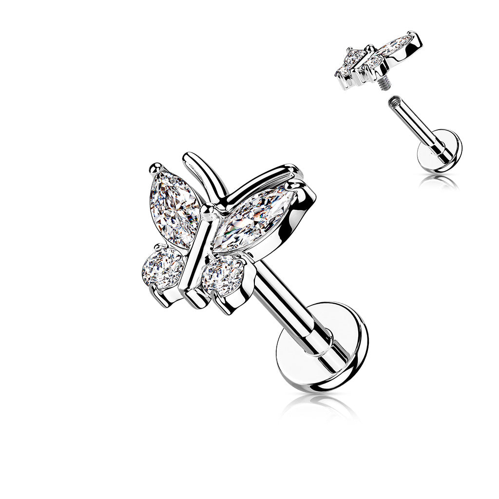 1pc CZ Gems Butterfly 16g Labret Internally Threaded Steel Monroe Tragus Helix