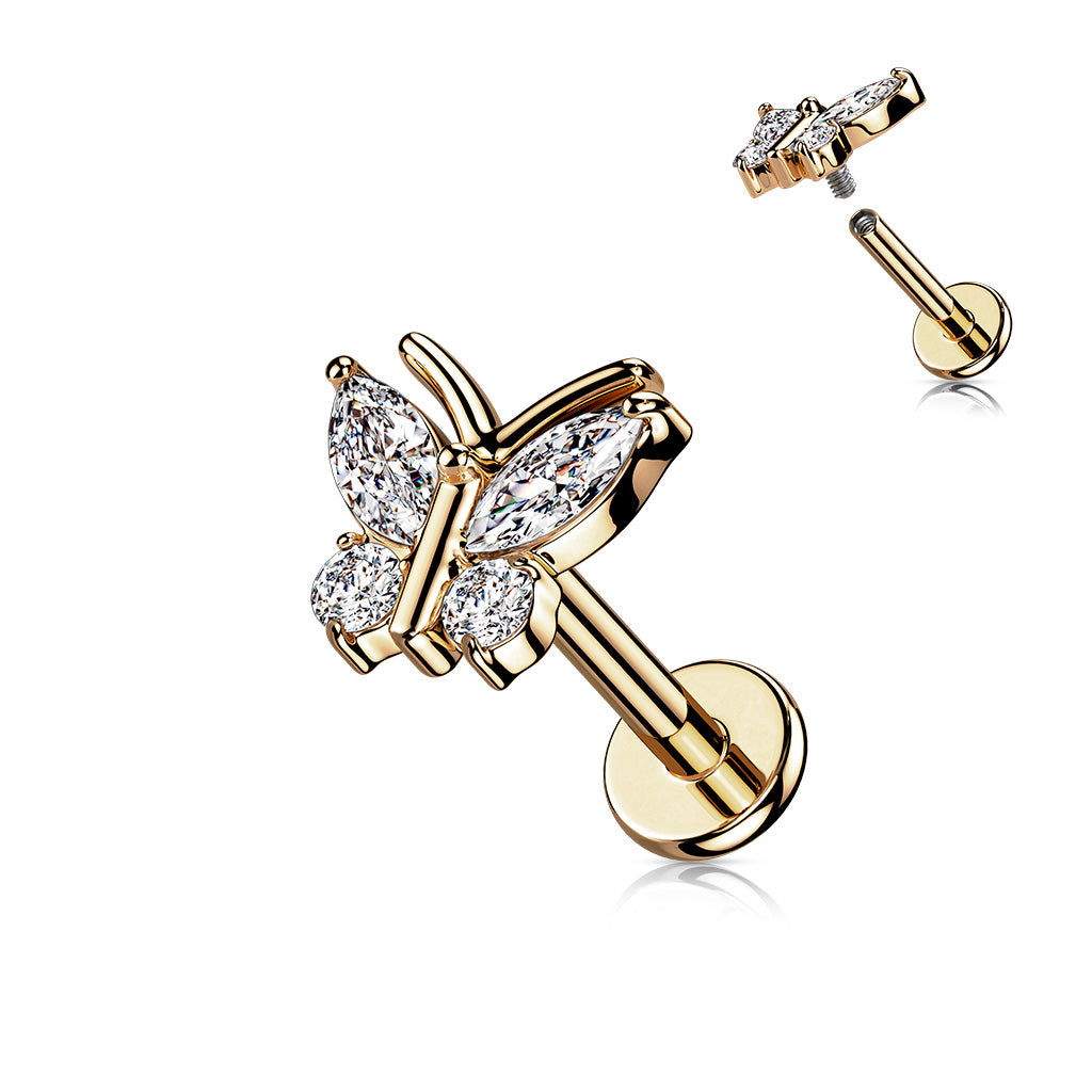 1pc CZ Gems Butterfly 16g Labret Internally Threaded Steel Monroe Tragus Helix