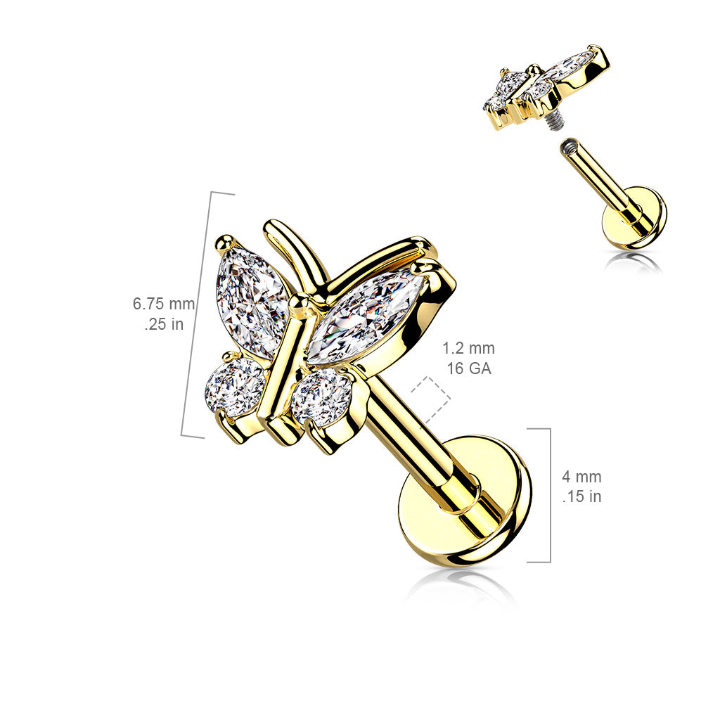 1pc CZ Gems Butterfly 16g Labret Internally Threaded Steel Monroe Tragus Helix