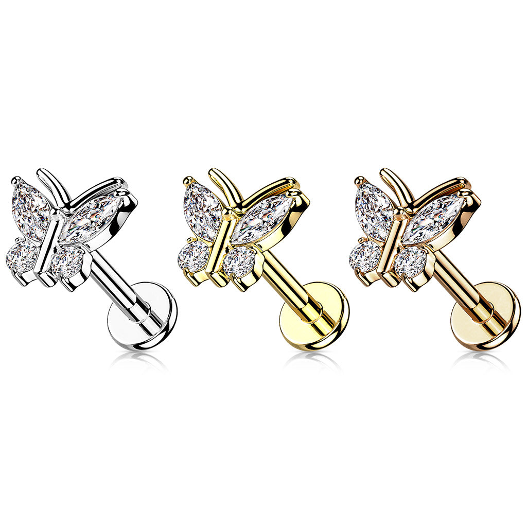 1pc CZ Gems Butterfly 16g Labret Internally Threaded Steel Monroe Tragus Helix