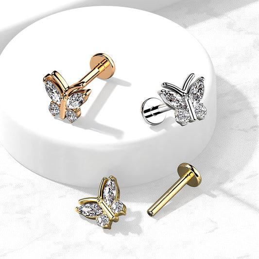1pc CZ Gems Butterfly 16g Labret Internally Threaded Steel Monroe Tragus Helix