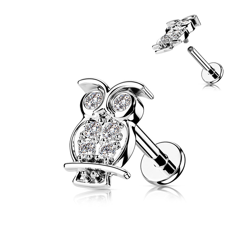 1pc CZ Paved Owl 16g Labret Internally Threaded Steel Monroe Tragus Helix