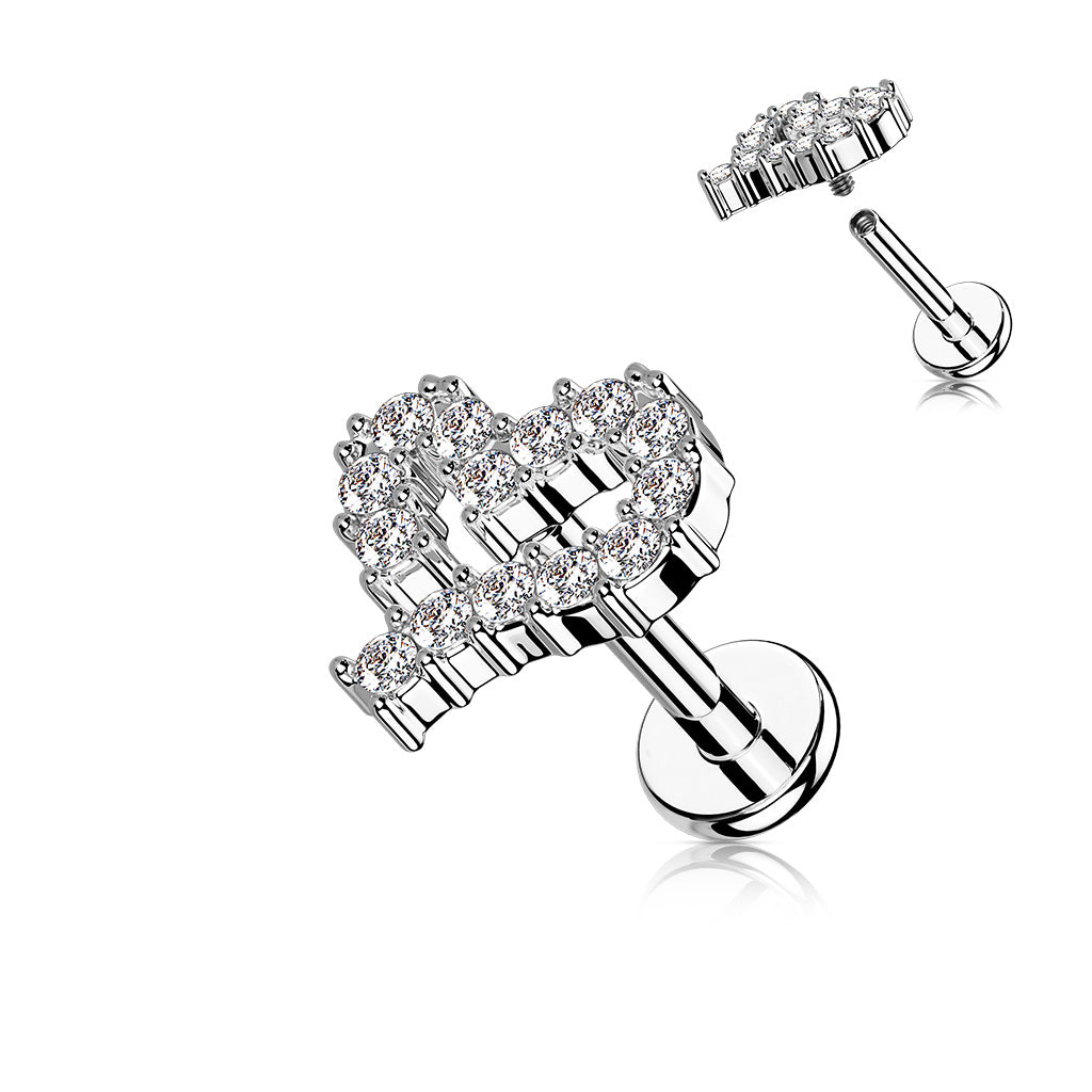 1pc CZ Paved Heart 16g Labret Internally Threaded Steel Monroe Tragus Helix