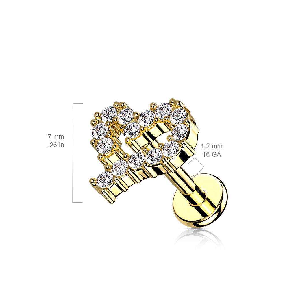 1pc CZ Paved Heart 16g Labret Internally Threaded Steel Monroe Tragus Helix