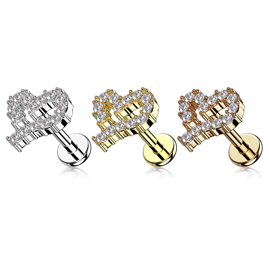 1pc CZ Paved Heart 16g Labret Internally Threaded Steel Monroe Tragus Helix