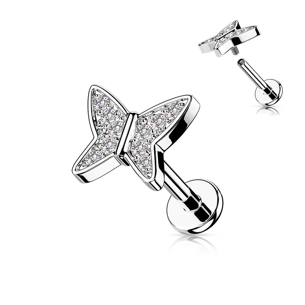 1pc CZ Paved Butterfly 16g Labret Internally Threaded Steel Monroe Tragus Helix