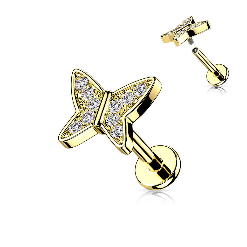 1pc CZ Paved Butterfly 16g Labret Internally Threaded Steel Monroe Tragus Helix