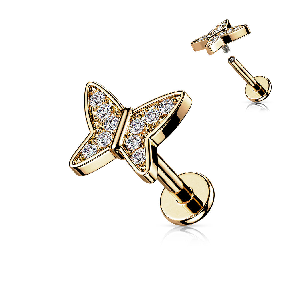 1pc CZ Paved Butterfly 16g Labret Internally Threaded Steel Monroe Tragus Helix