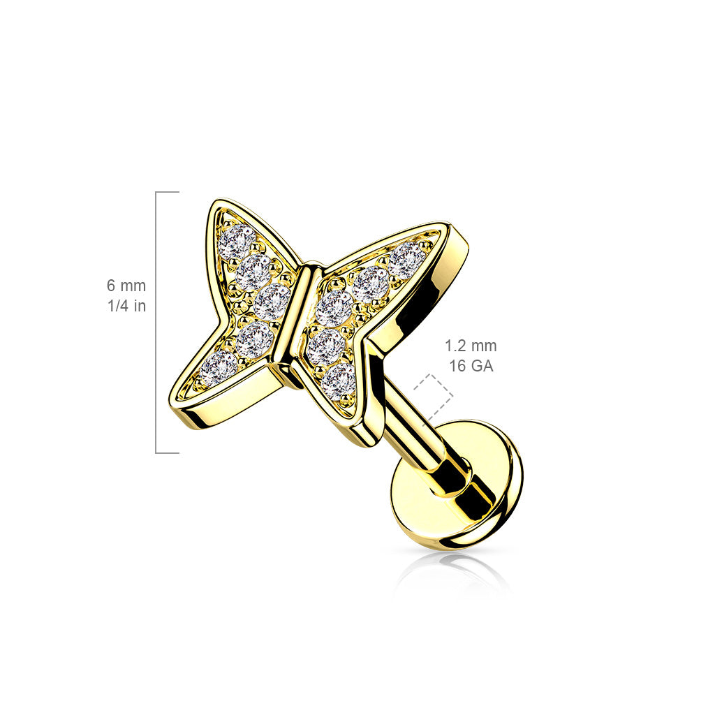 1pc CZ Paved Butterfly 16g Labret Internally Threaded Steel Monroe Tragus Helix
