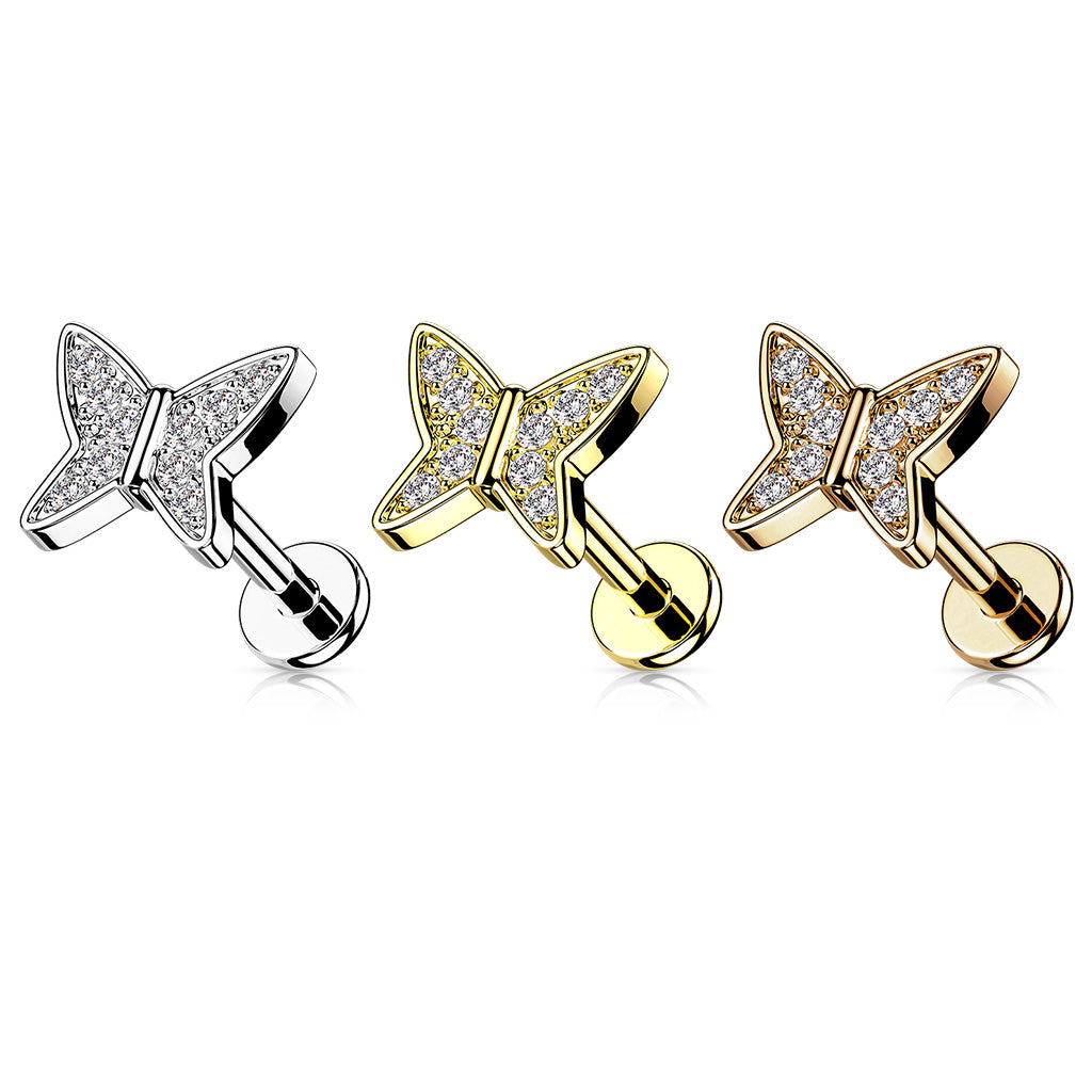 1pc CZ Paved Butterfly 16g Labret Internally Threaded Steel Monroe Tragus Helix