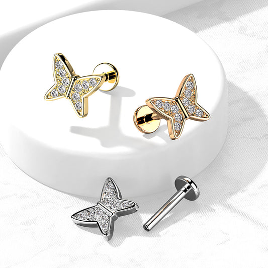 1pc CZ Paved Butterfly 16g Labret Internally Threaded Steel Monroe Tragus Helix