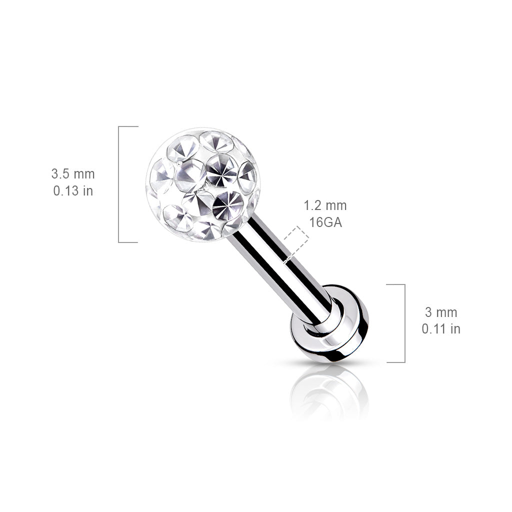1pc Epoxy Coated Crystal Paved Ball Labret Cartilage Barbell Internally Threaded