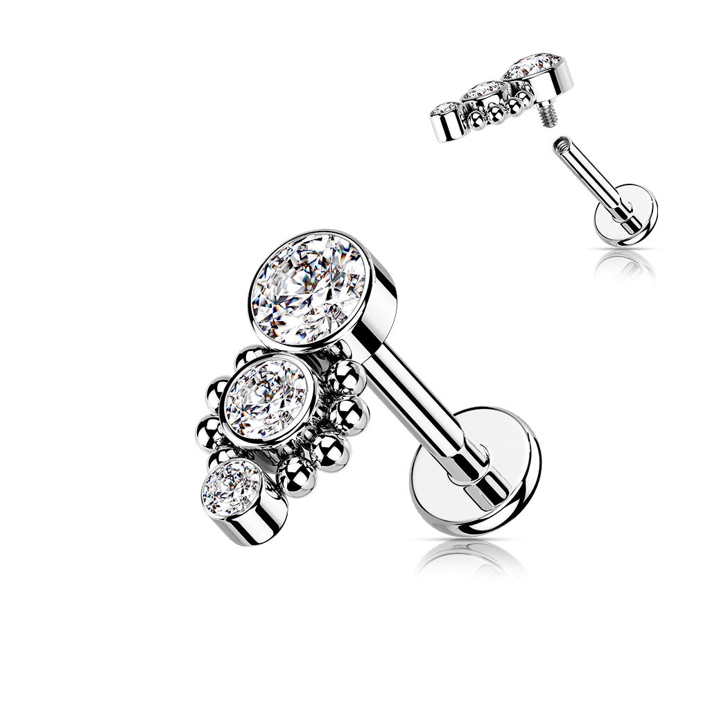 1pc Triple CZ Drop 16g Labret Internally Threaded Steel Monroe Tragus Helix