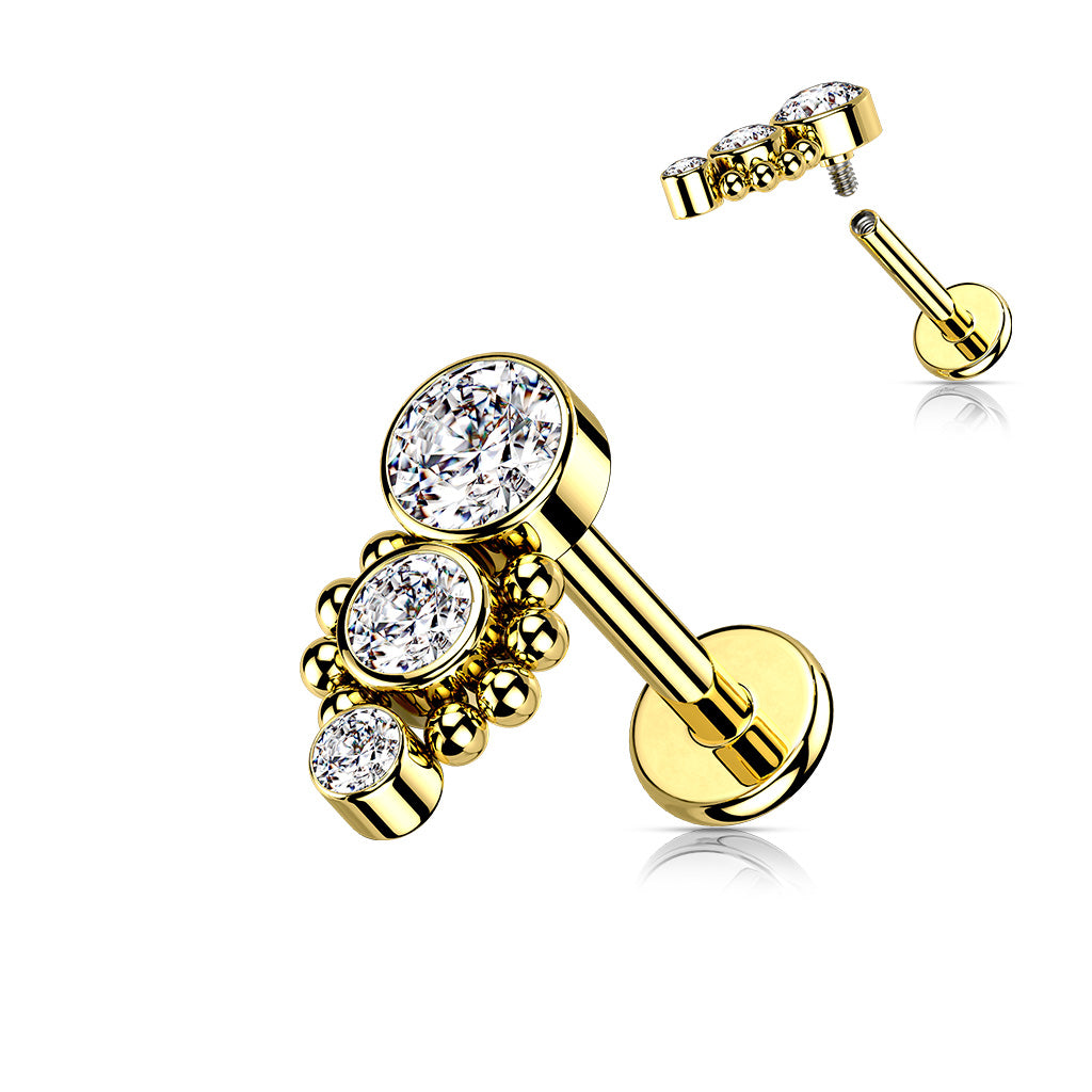 1pc Triple CZ Drop 16g Labret Internally Threaded Steel Monroe Tragus Helix
