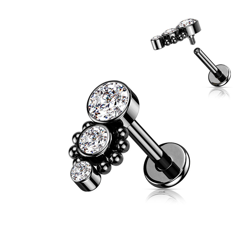 1pc Triple CZ Drop 16g Labret Internally Threaded Steel Monroe Tragus Helix