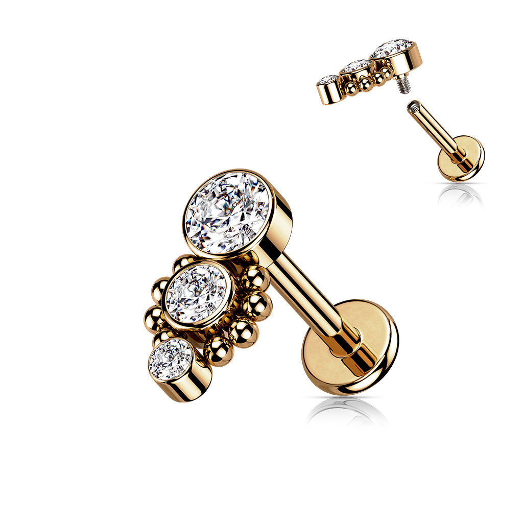 1pc Triple CZ Drop 16g Labret Internally Threaded Steel Monroe Tragus Helix