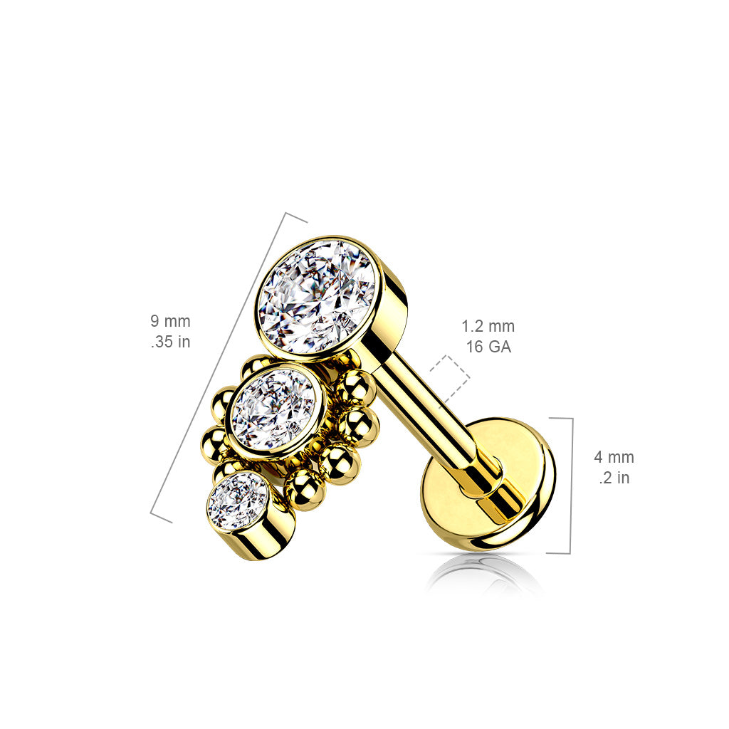 1pc Triple CZ Drop 16g Labret Internally Threaded Steel Monroe Tragus Helix