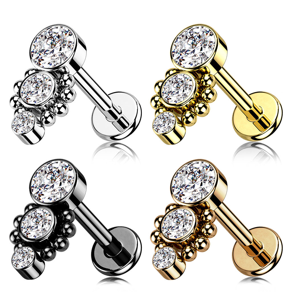 1pc Triple CZ Drop 16g Labret Internally Threaded Steel Monroe Tragus Helix
