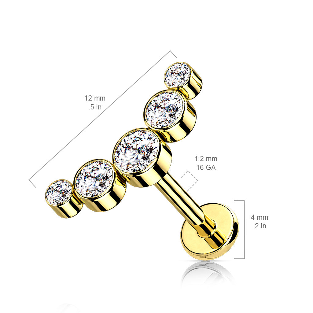 1pc Five CZ Gem Curve 16g Labret Internally Threaded Steel Monroe Tragus Helix