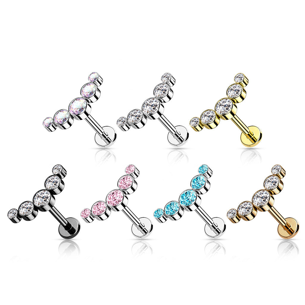 1pc Five CZ Gem Curve 16g Labret Internally Threaded Steel Monroe Tragus Helix